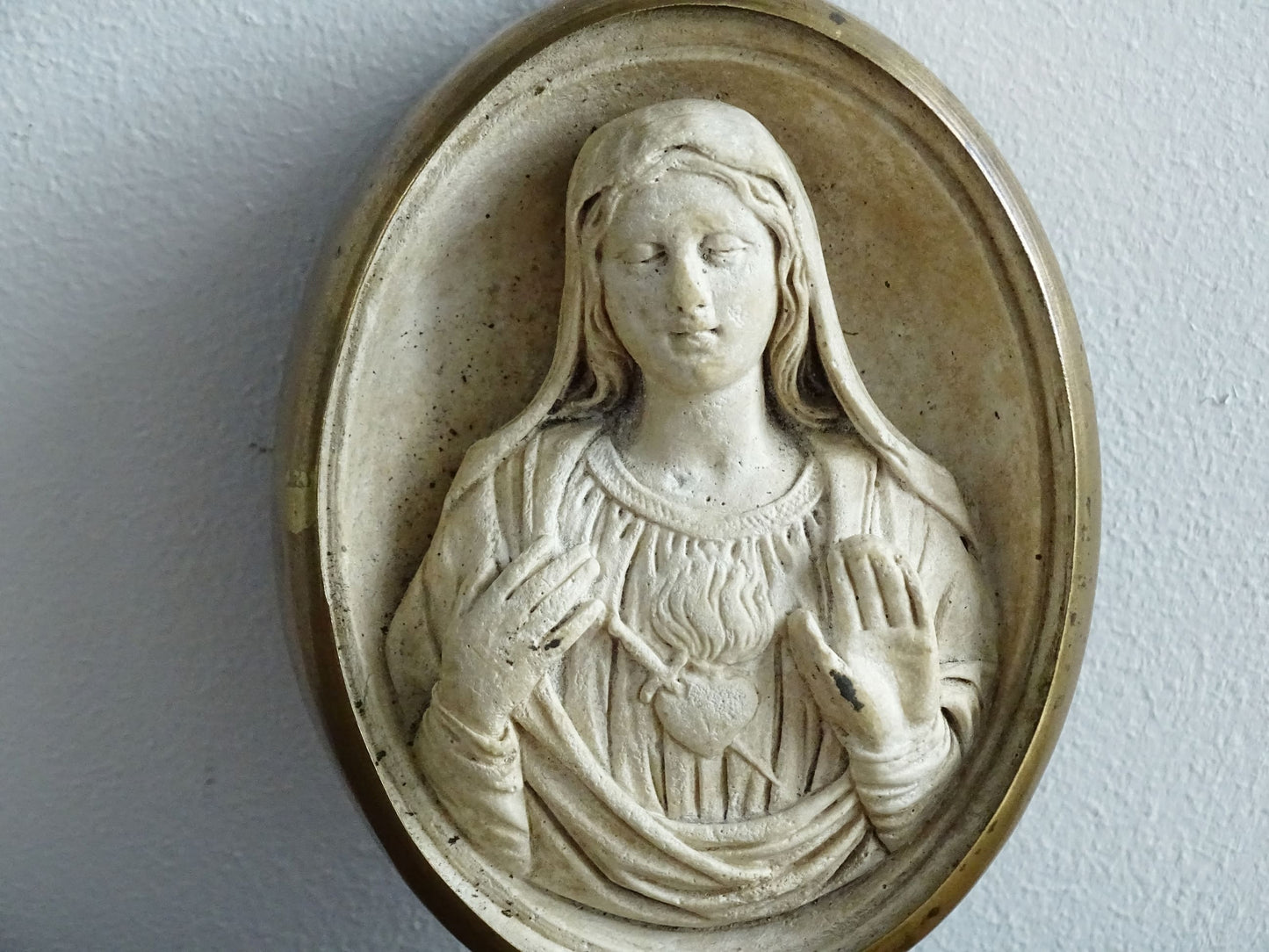 Antique Plaster Relief of the Sacred Heart of Mary Encased in a Brass Frame