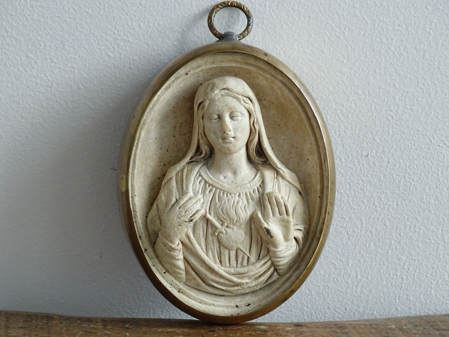 Antique Plaster Relief of the Sacred Heart of Mary Encased in a Brass Frame