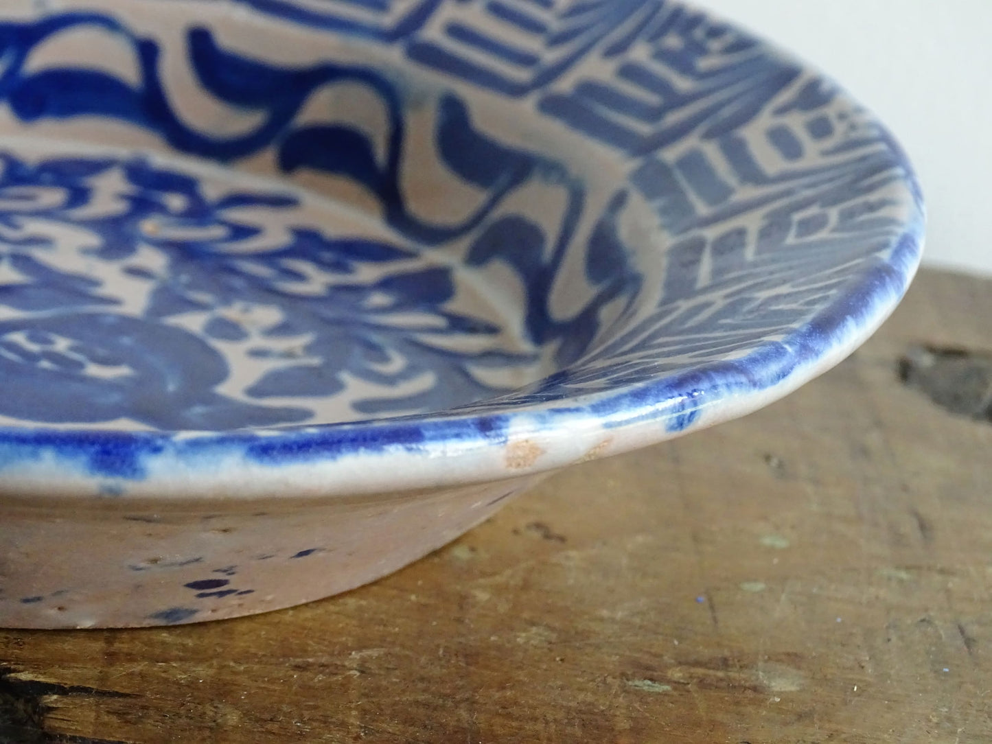 Antique Spanish Fajalauza Bowl with Blue Hand-Painted Pomegranate