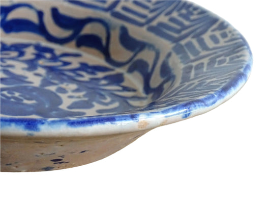 Antique Spanish Fajalauza Bowl with Blue Hand-Painted Pomegranate