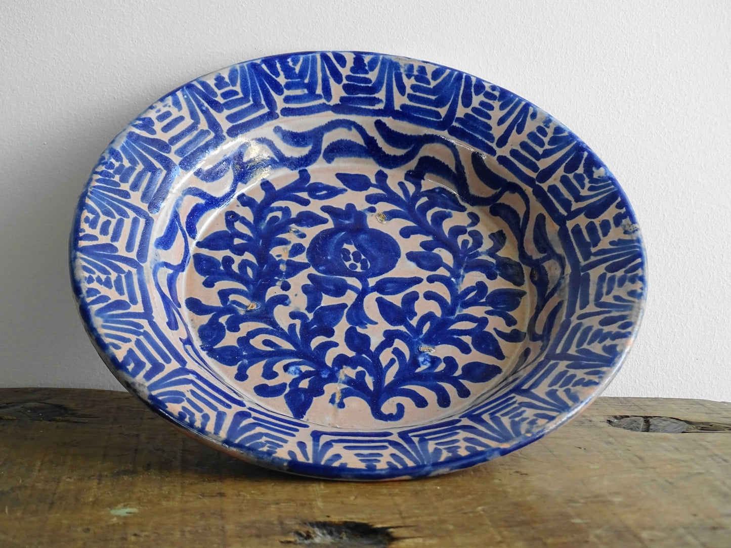 Antique Spanish Fajalauza Bowl with Blue Hand-Painted Pomegranate