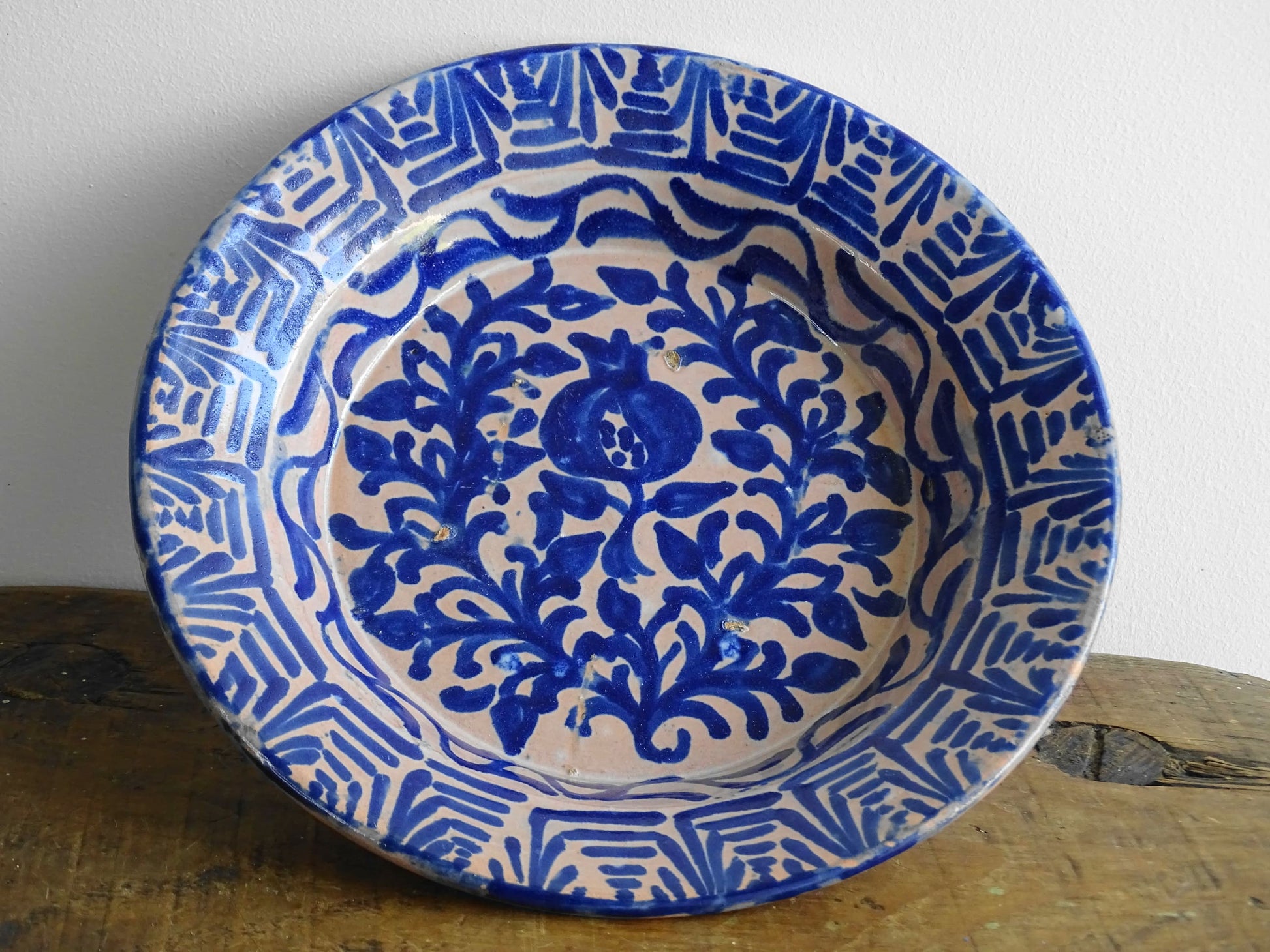 Antique Spanish Fajalauza Bowl with Blue Hand-Painted Pomegranate