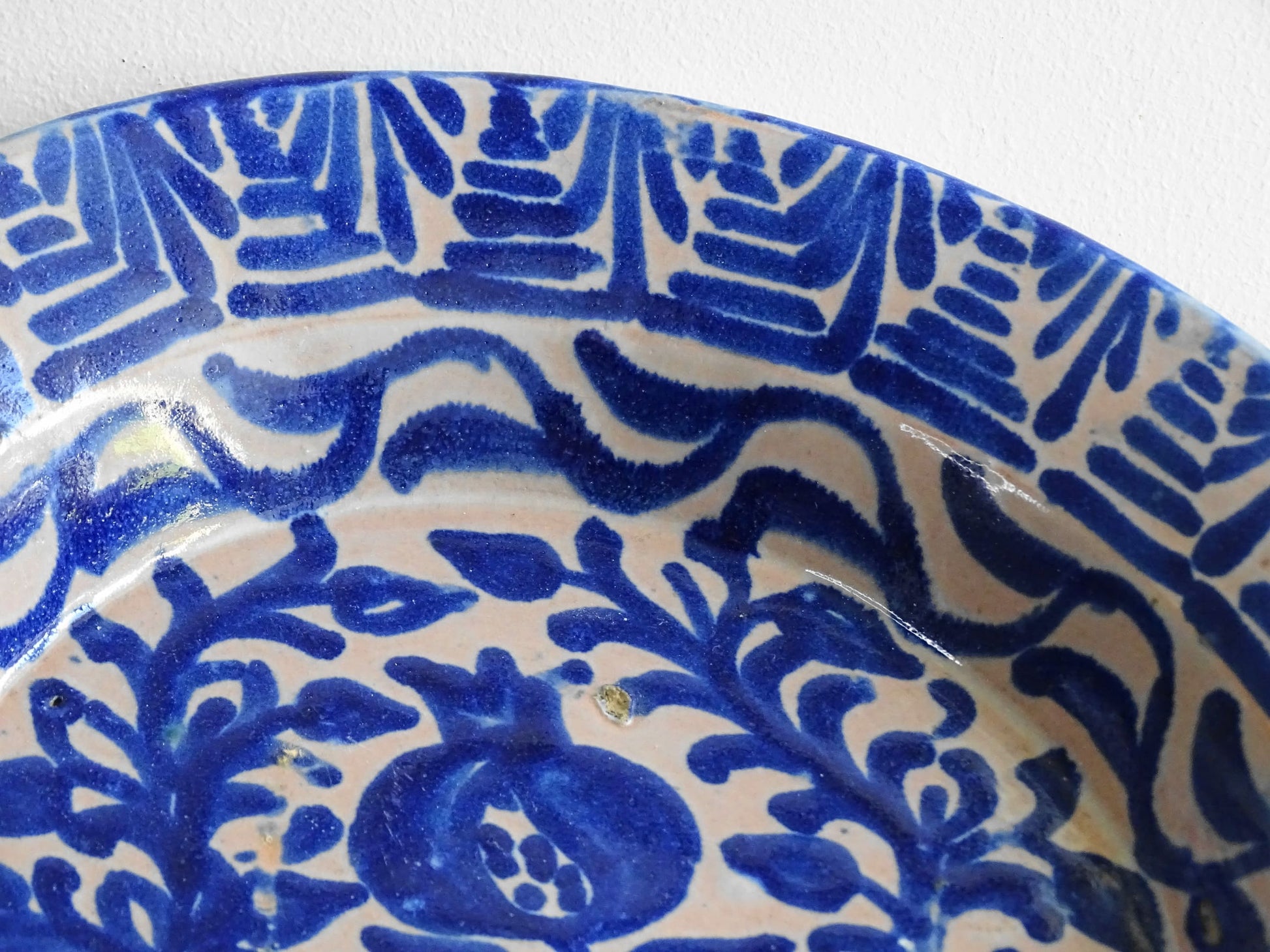 Antique Spanish Fajalauza Bowl with Blue Hand-Painted Pomegranate