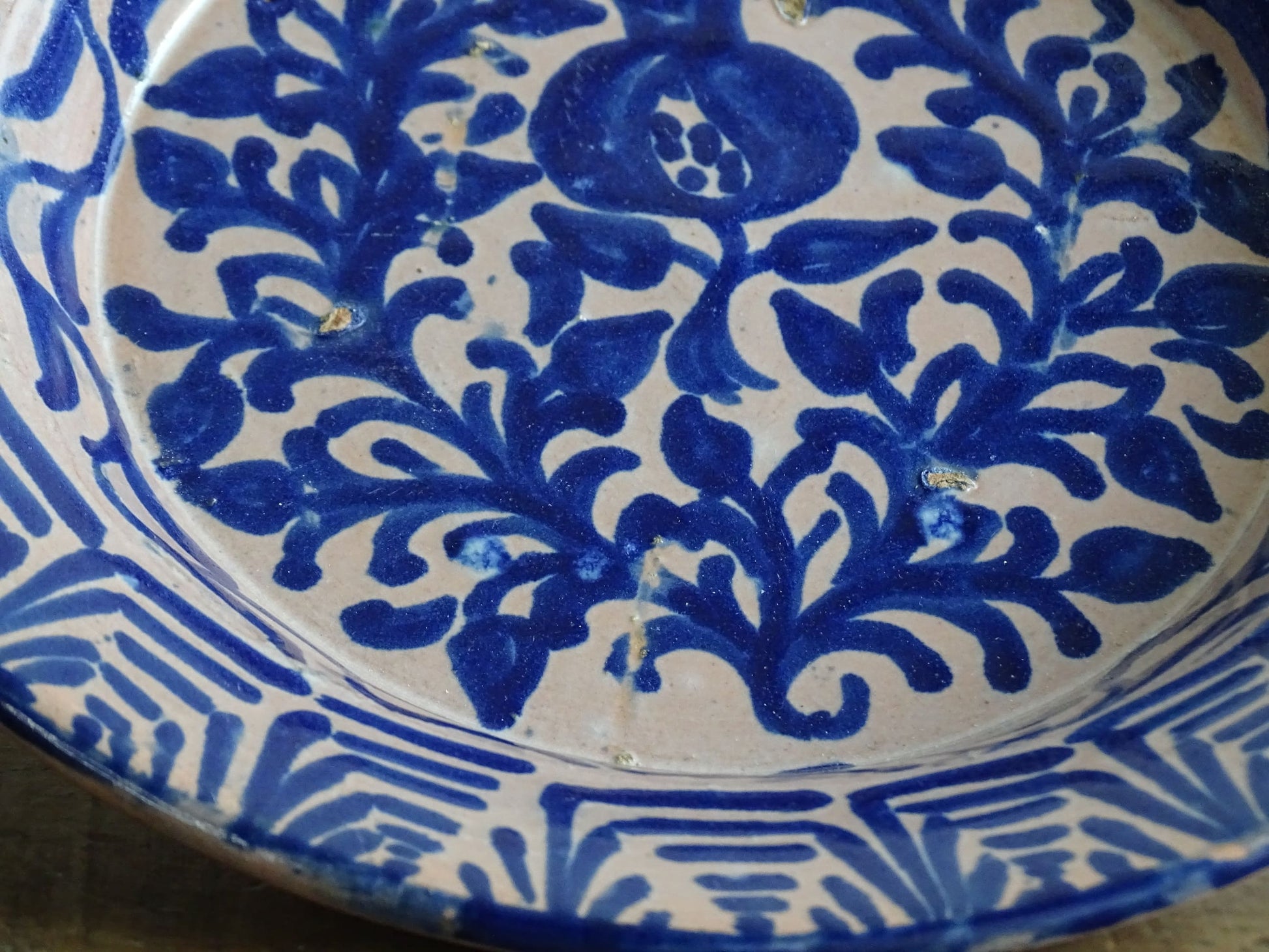 Antique Spanish Fajalauza Bowl with Blue Hand-Painted Pomegranate