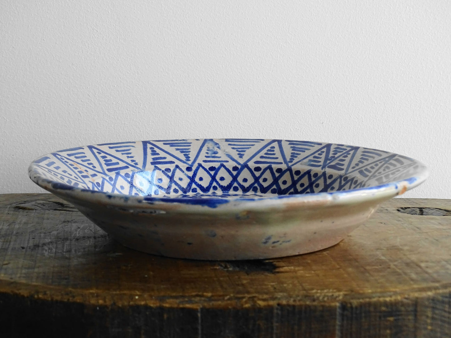 Antique Spanish Fajalauza Bowl with Blue Hand-Painted Pomegranate