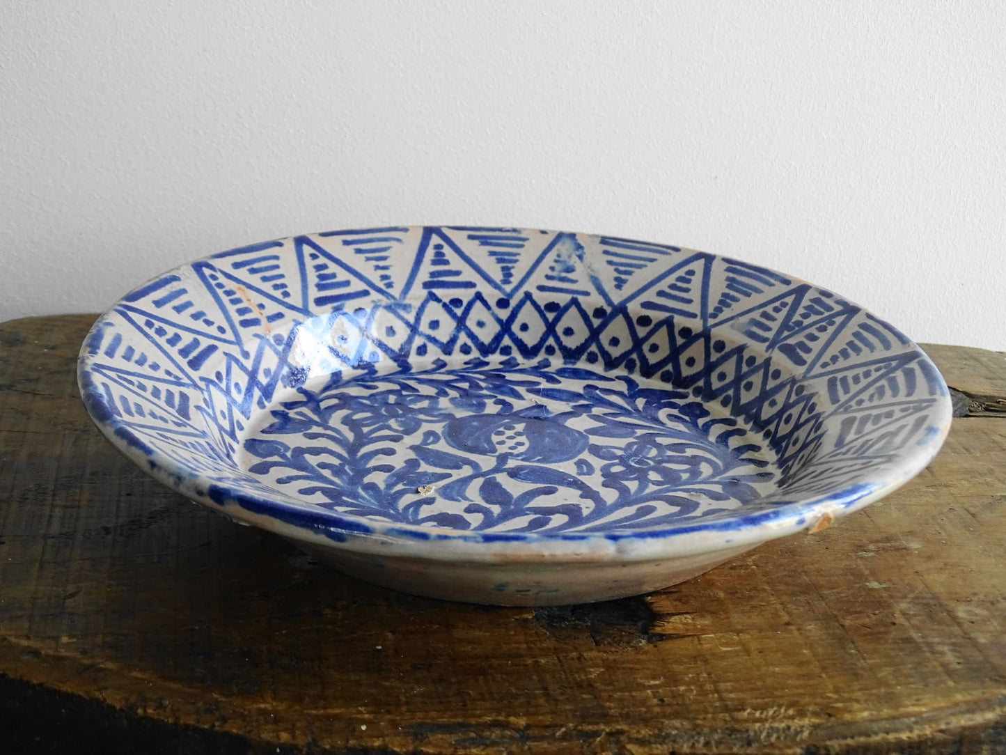 Antique Spanish Fajalauza Bowl with Blue Hand-Painted Pomegranate