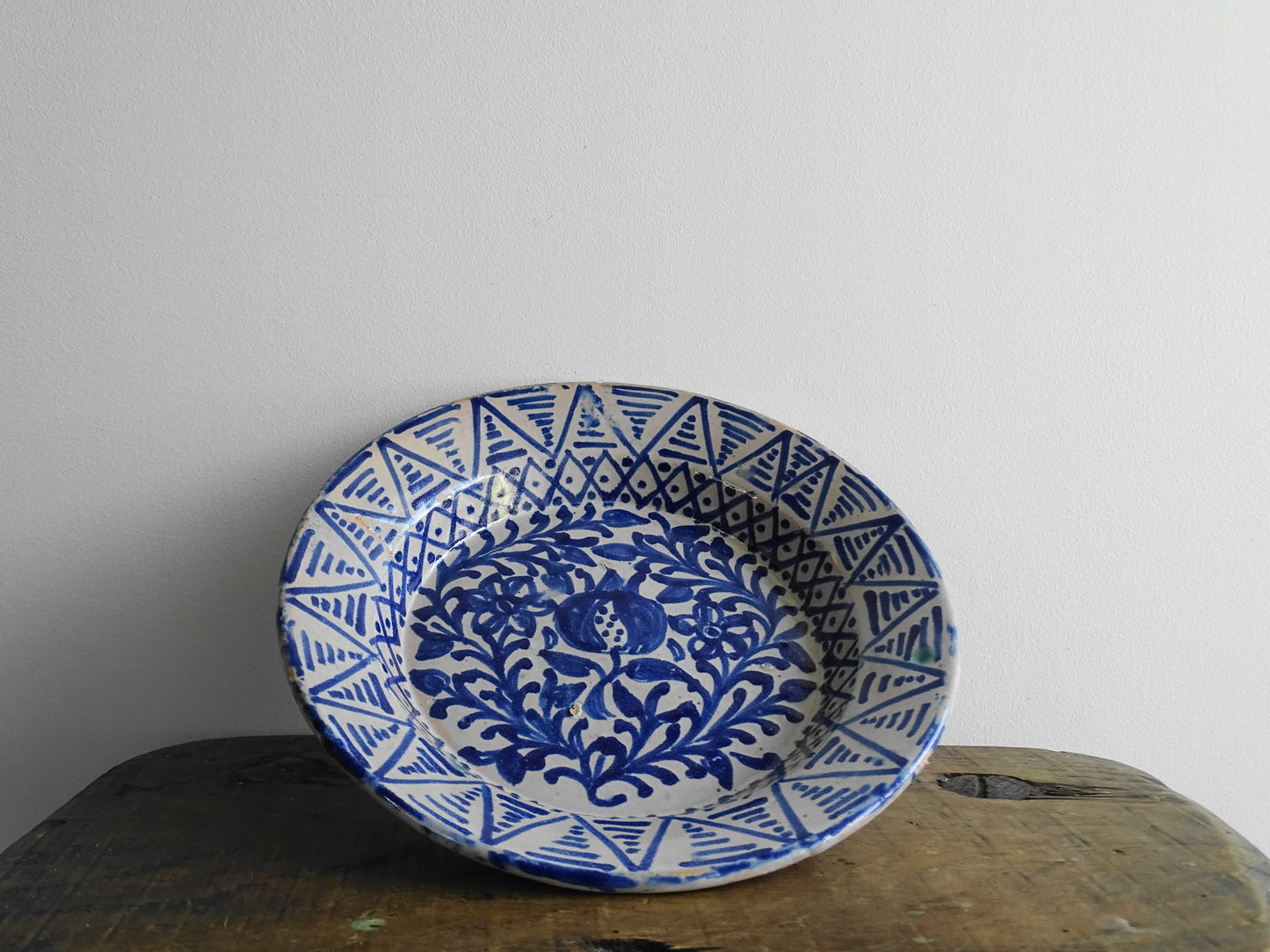 Antique Spanish Fajalauza Bowl with Blue Hand-Painted Pomegranate