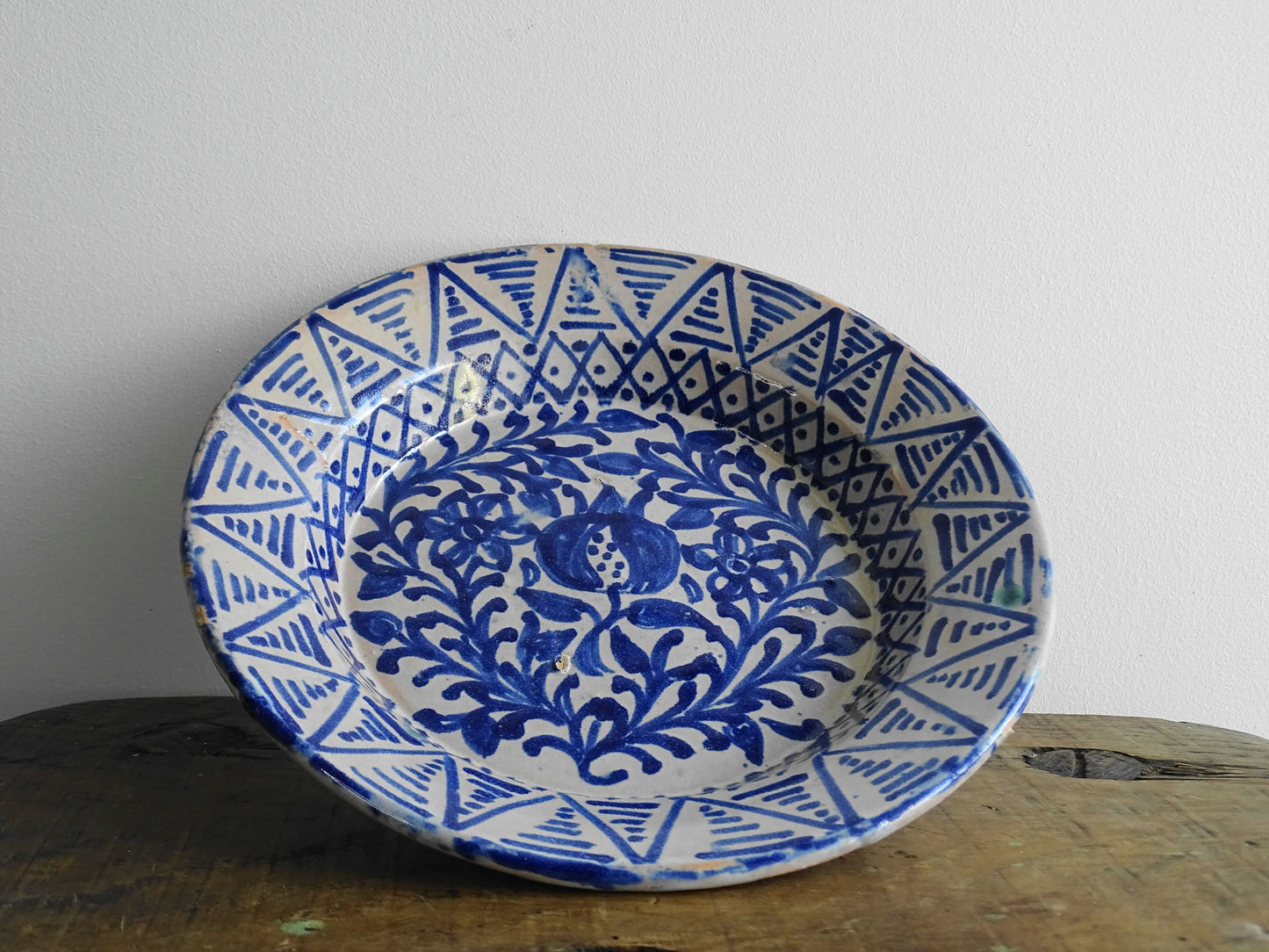 Antique Spanish Fajalauza Bowl with Blue Hand-Painted Pomegranate