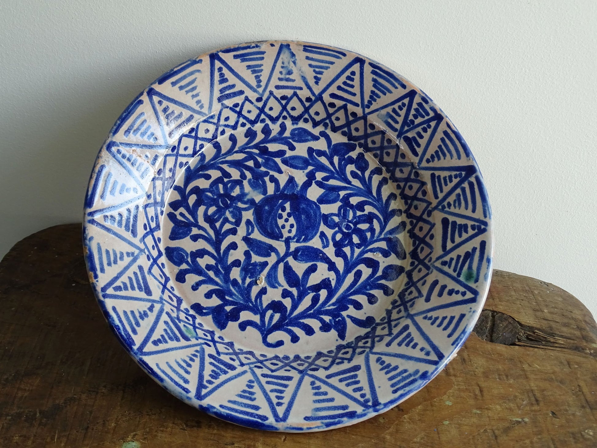 Antique Spanish Fajalauza Bowl with Blue Hand-Painted Pomegranate