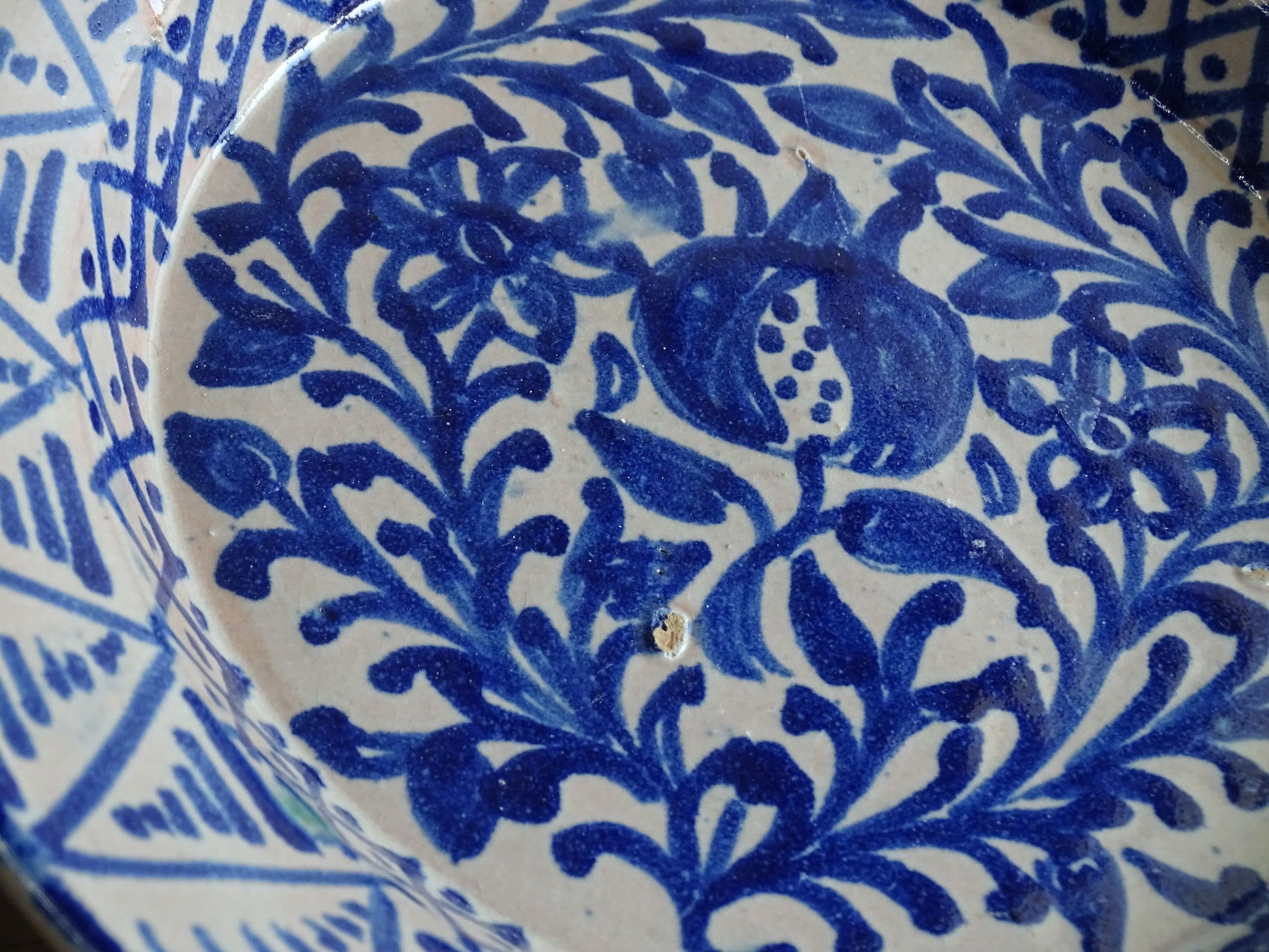 Antique Spanish Fajalauza Bowl with Blue Hand-Painted Pomegranate