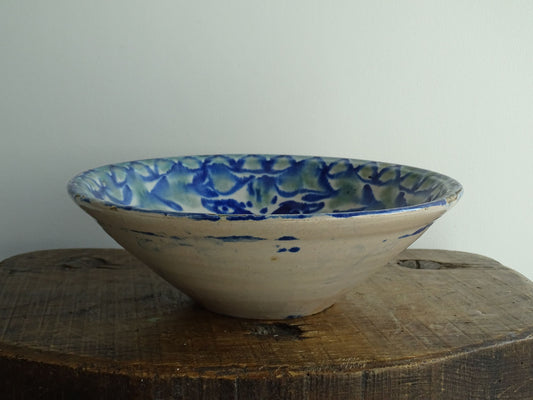 Antique Spanish Fajalauza Bowl in Green and Blue with Hand-Painted Birds, Spanish Terracotta Lebrillo