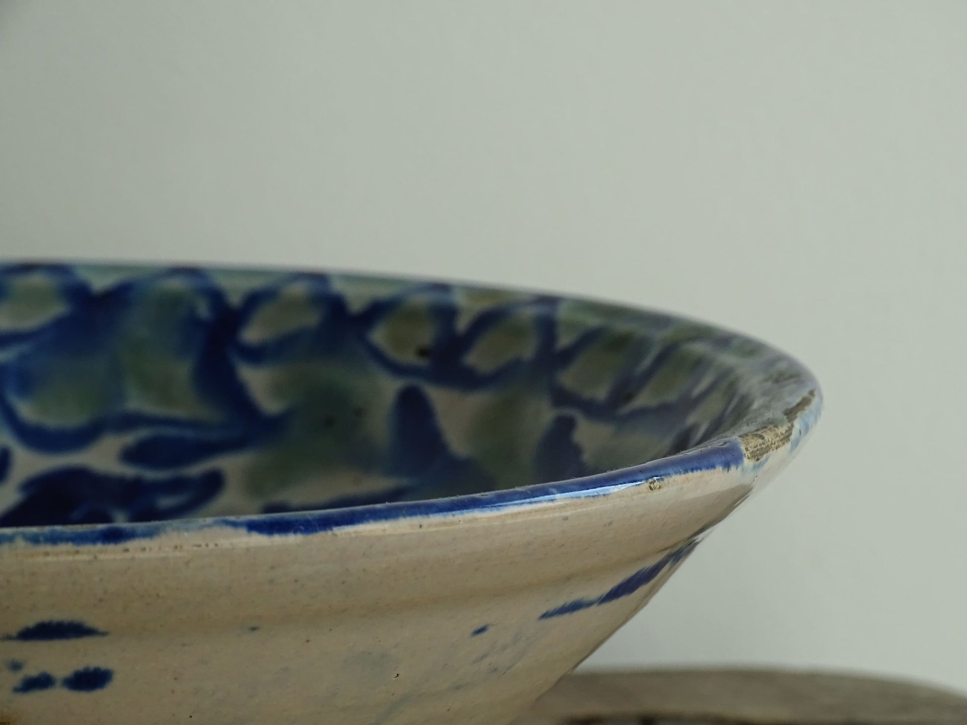 Antique Spanish Fajalauza Bowl in Green and Blue with Hand-Painted Birds, Spanish Terracotta Lebrillo