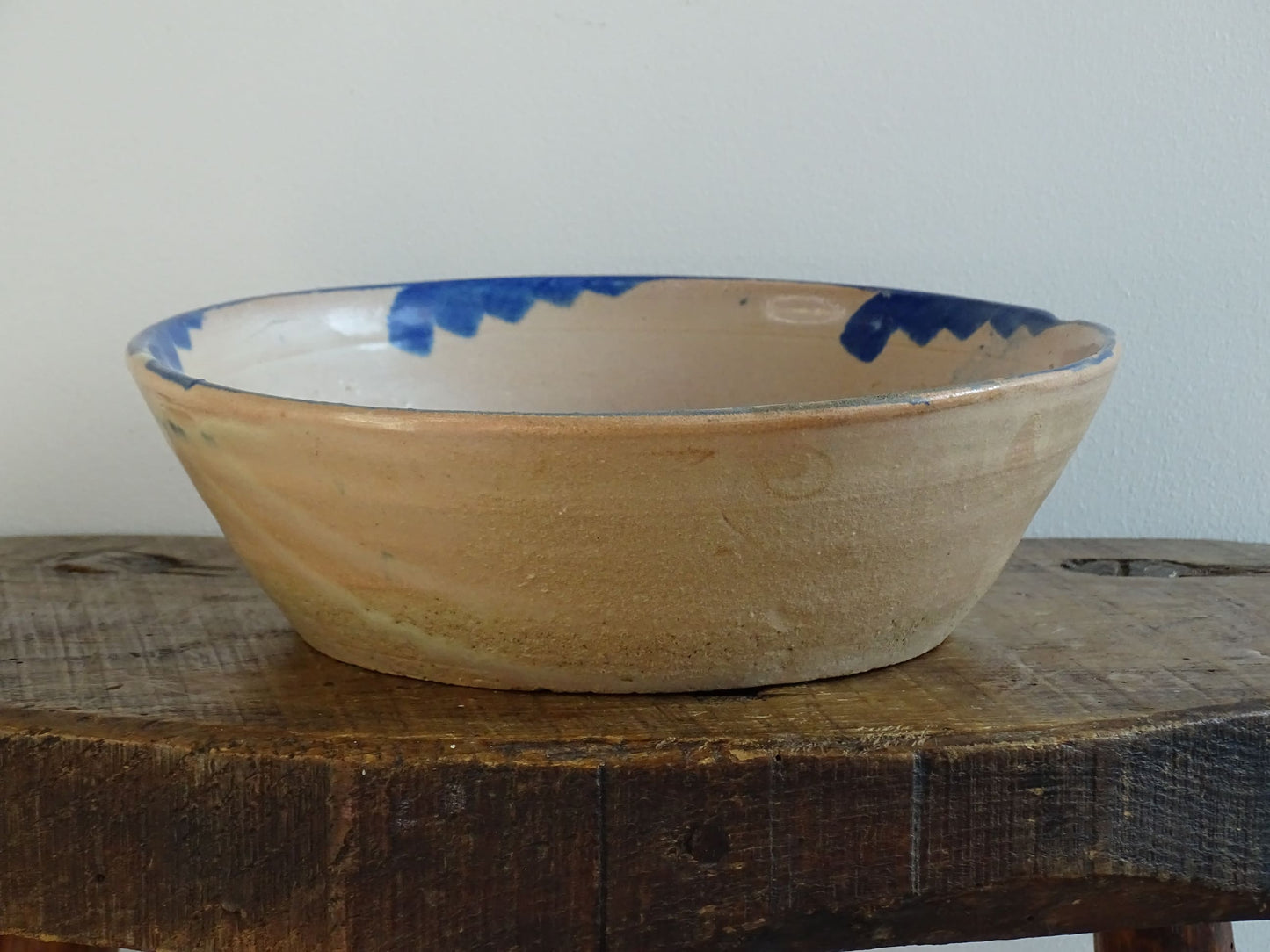 Antique Spanish Fajalauza Glazed Terracotta Lebrillo or Bowl with Blue