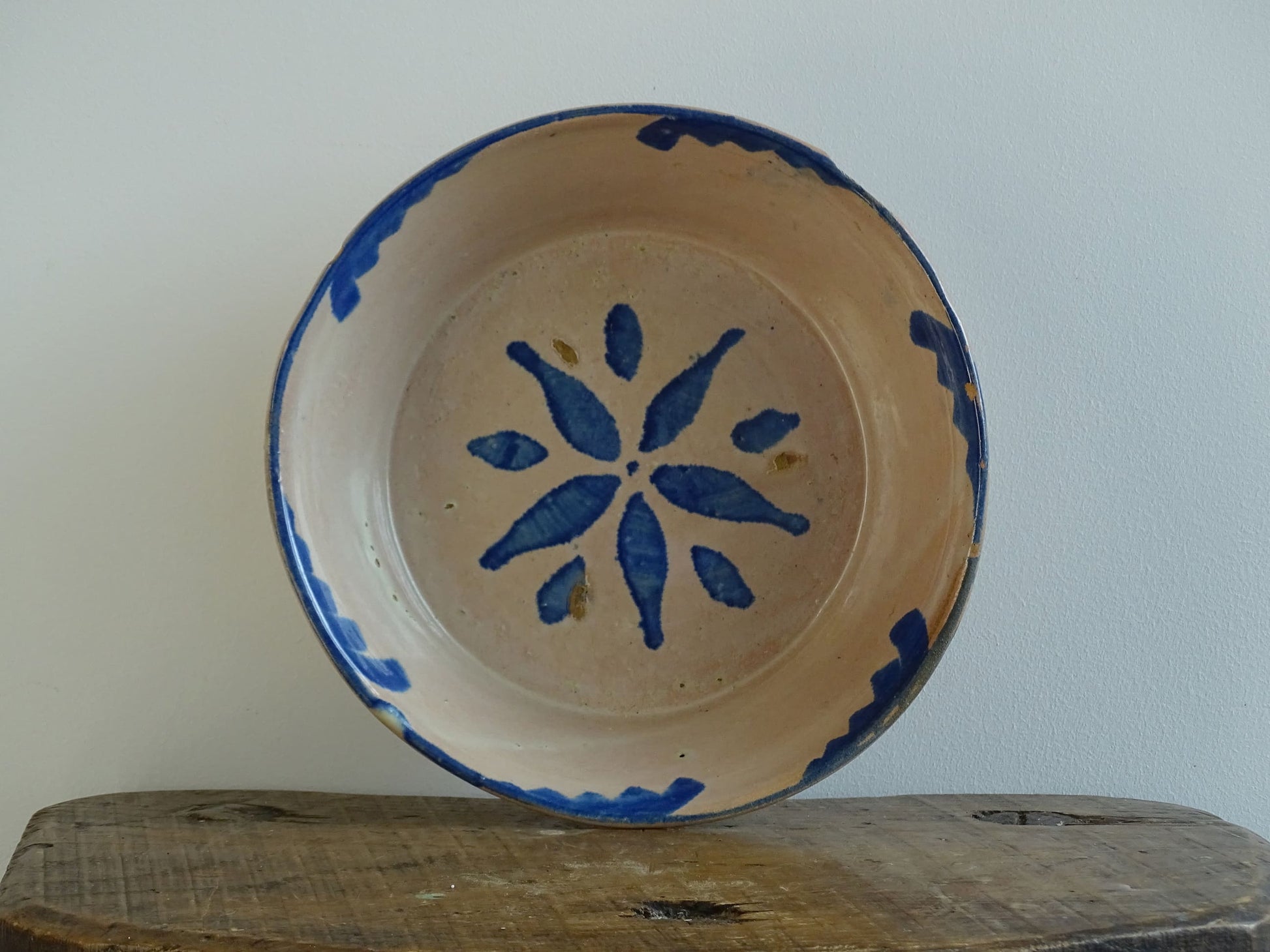 Antique Spanish Fajalauza Glazed Terracotta Lebrillo or Bowl with Blue