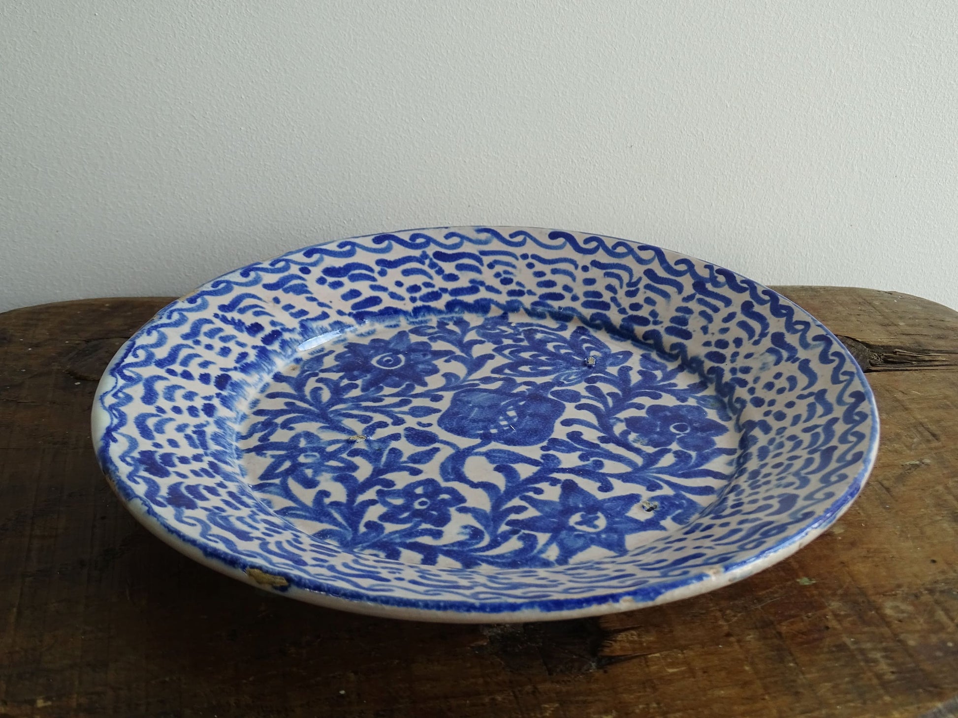 Antique Spanish Fajalauza Plate with Blue Hand-Painted Pomegranate