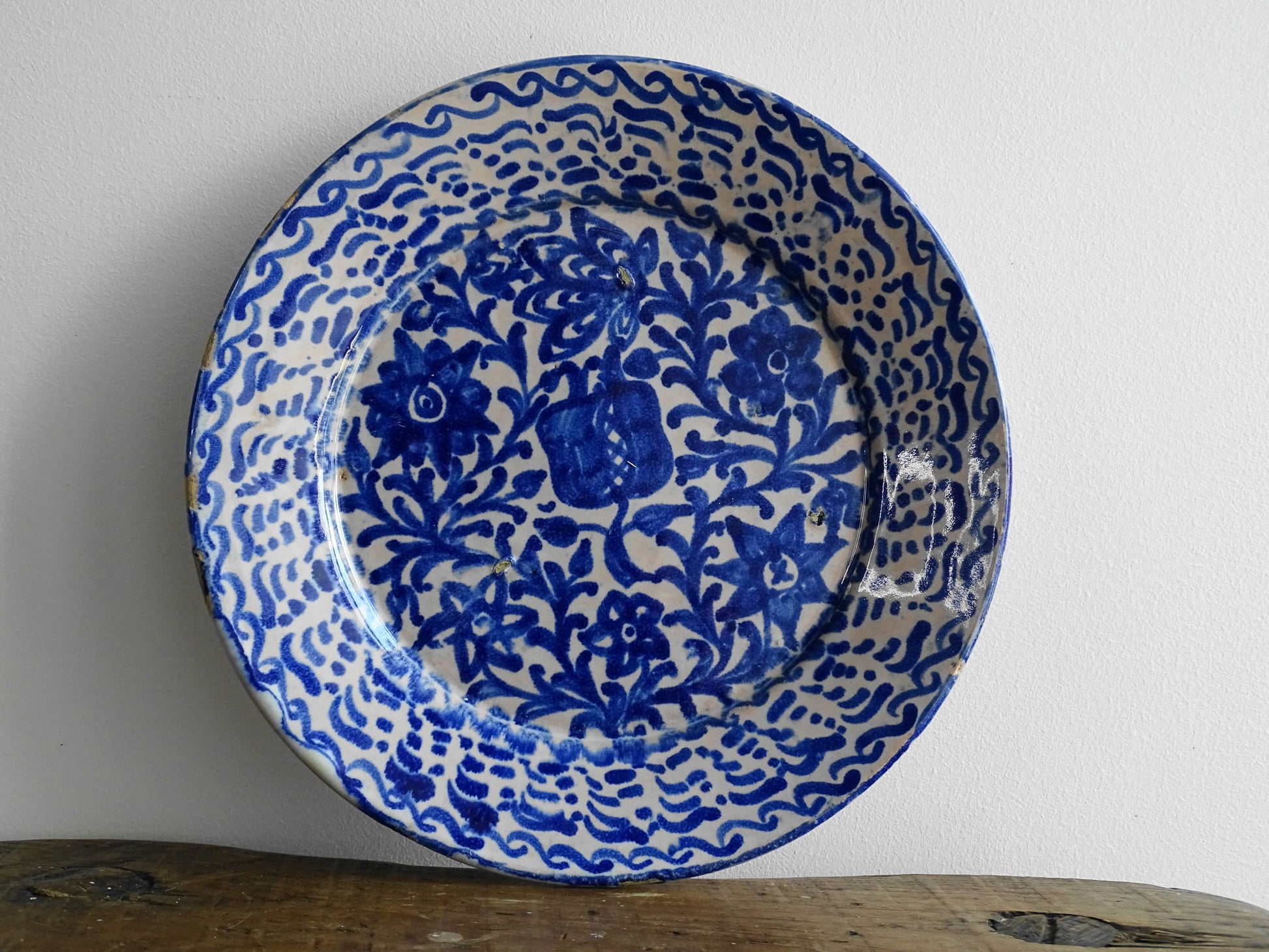 Antique Spanish Fajalauza Plate with Blue Hand-Painted Pomegranate