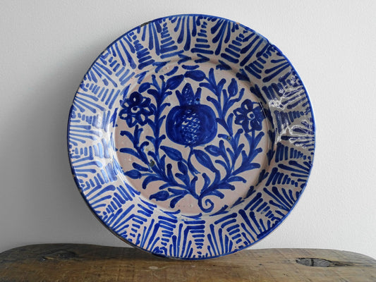 Antique Spanish Fajalauza Plate with Blue Hand-Painted Pomegranate