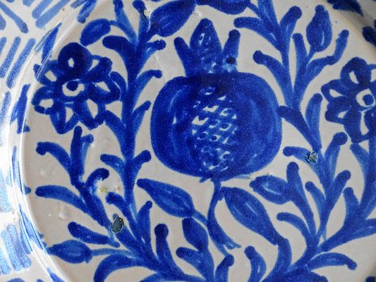 Antique Spanish Fajalauza Plate with Blue Hand-Painted Pomegranate