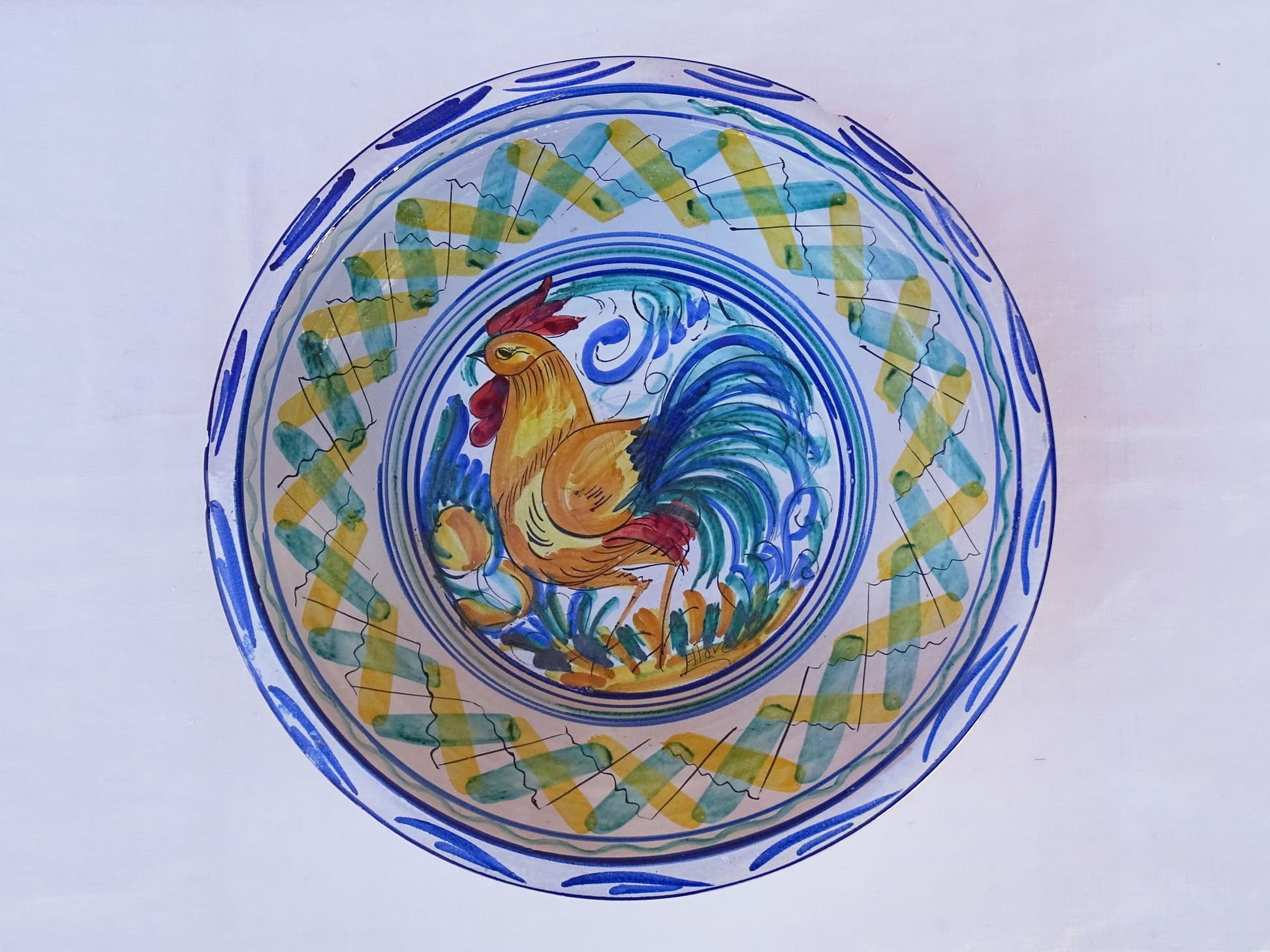 Large Vintage Spanish Triana Lebrillo with Hand-painted Cockerel Motif in Blue, Green, Yellow and Red