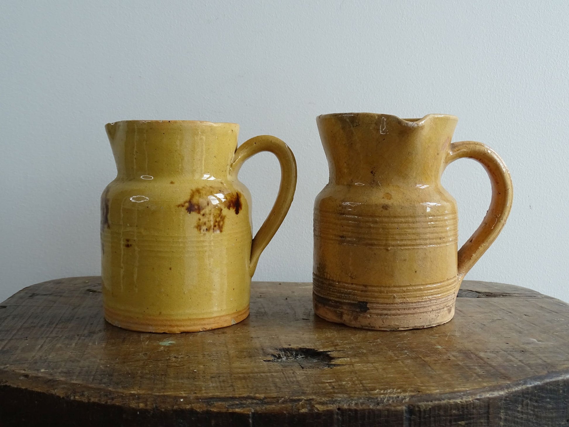 Two Antique Yellow Stoneware Wine Jugs, Jaspe, Slipware, Yellow Glaze