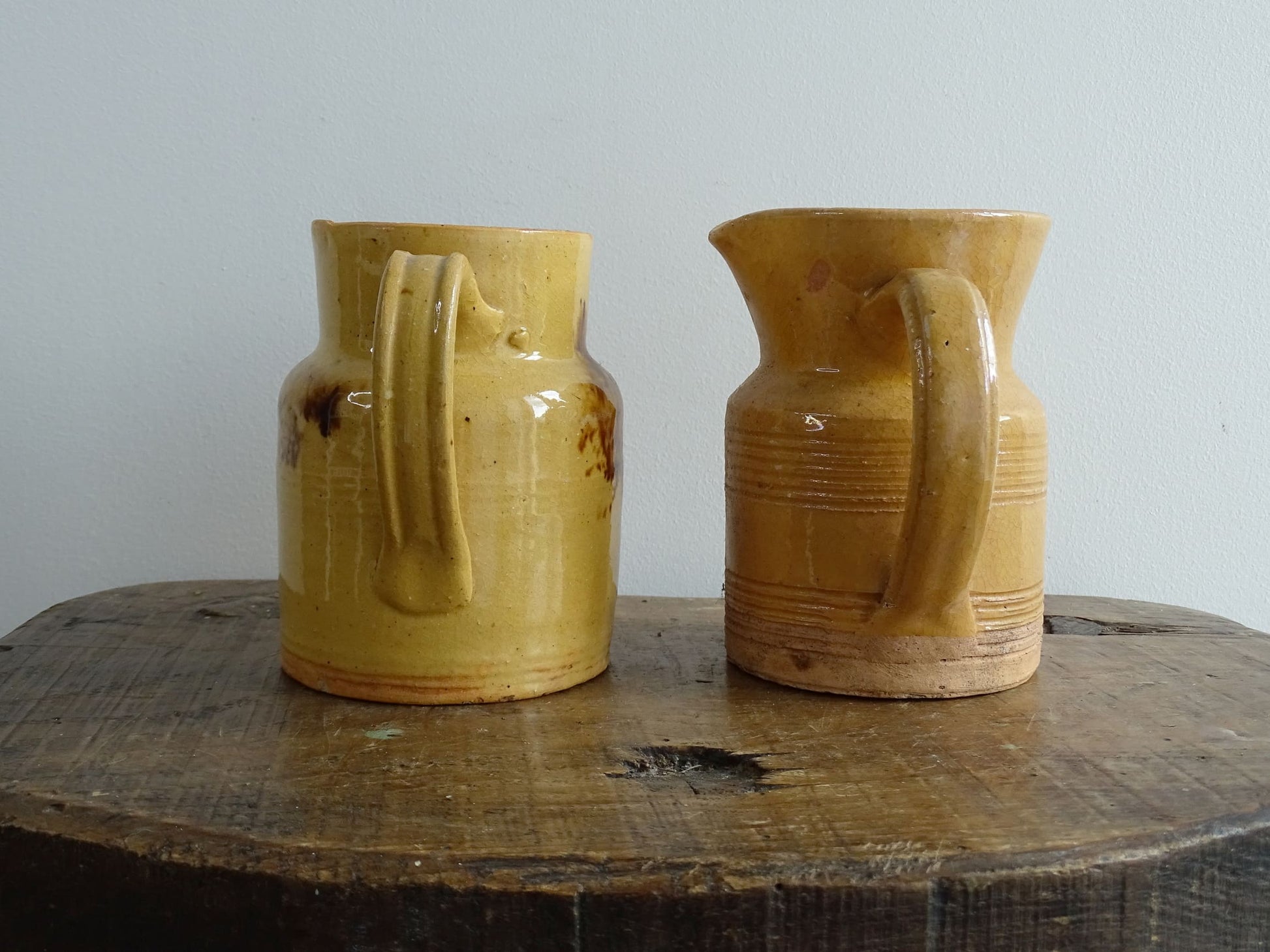 Two French Antique Yellow Glaze Pottery Jugs from Dieulefit, Jaspe, Slipware Pitchers