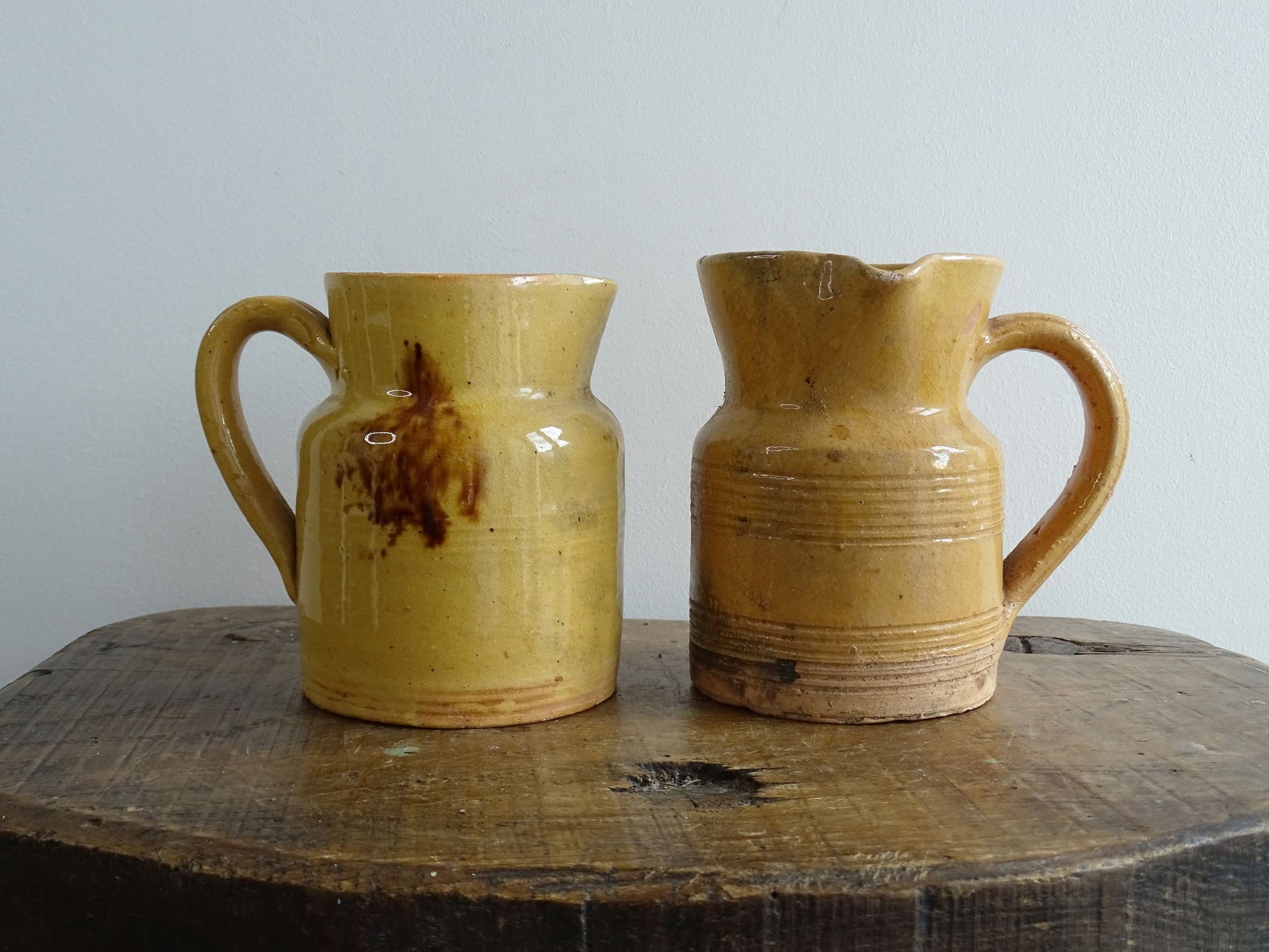 Two French Antique Yellow Glaze Pottery Jugs from Dieulefit, Jaspe, Slipware Pitchers 