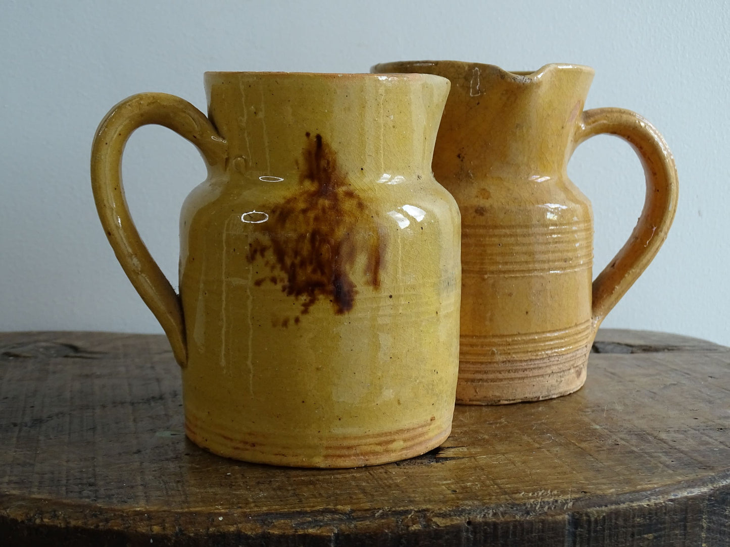 Two French Antique Yellow Glaze Pottery Jugs from Dieulefit, Jaspe, Slipware Pitchers