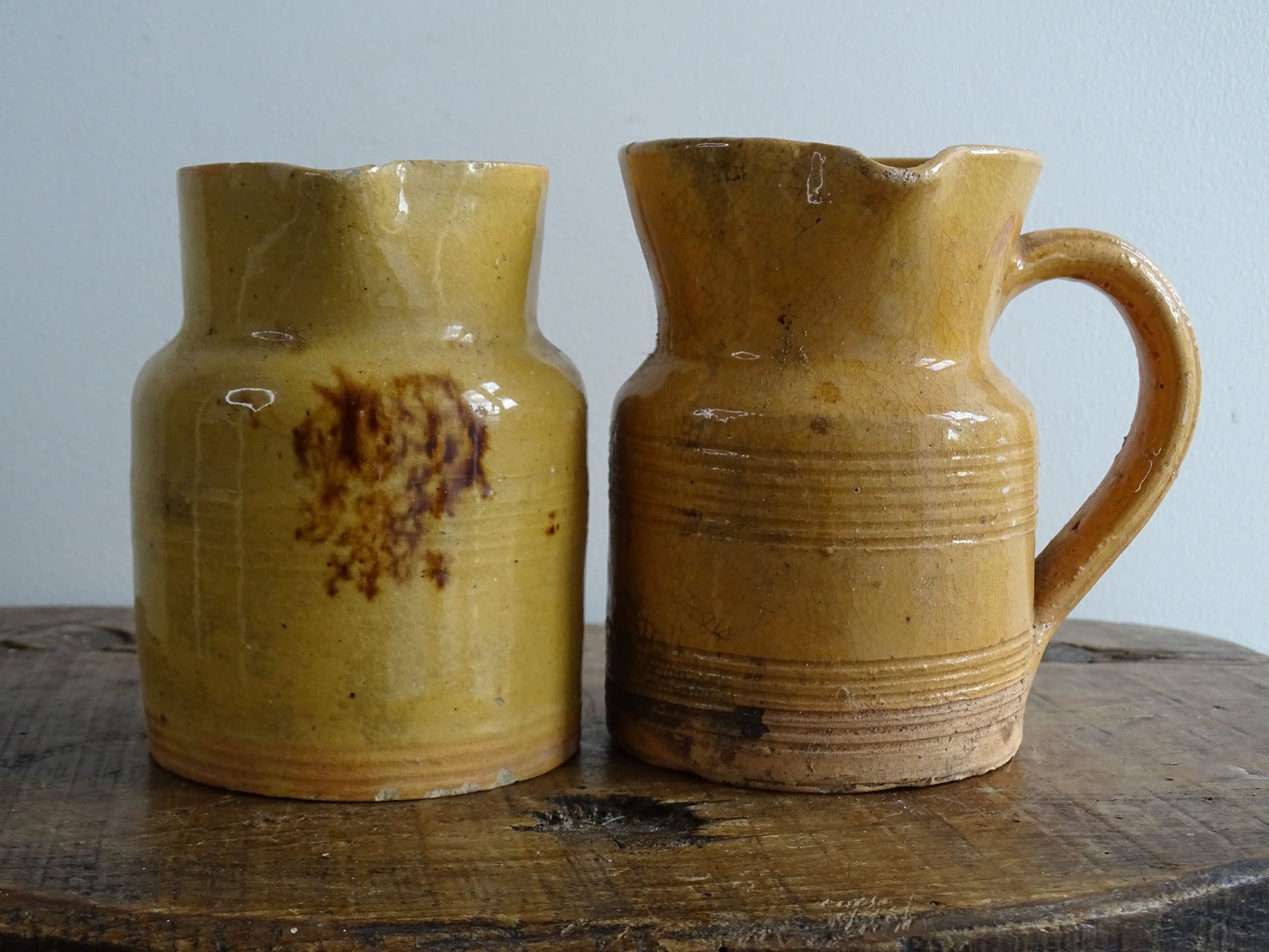 Two French Antique Yellow Glaze Pottery Jugs from Dieulefit, Jaspe, Slipware Pitchers