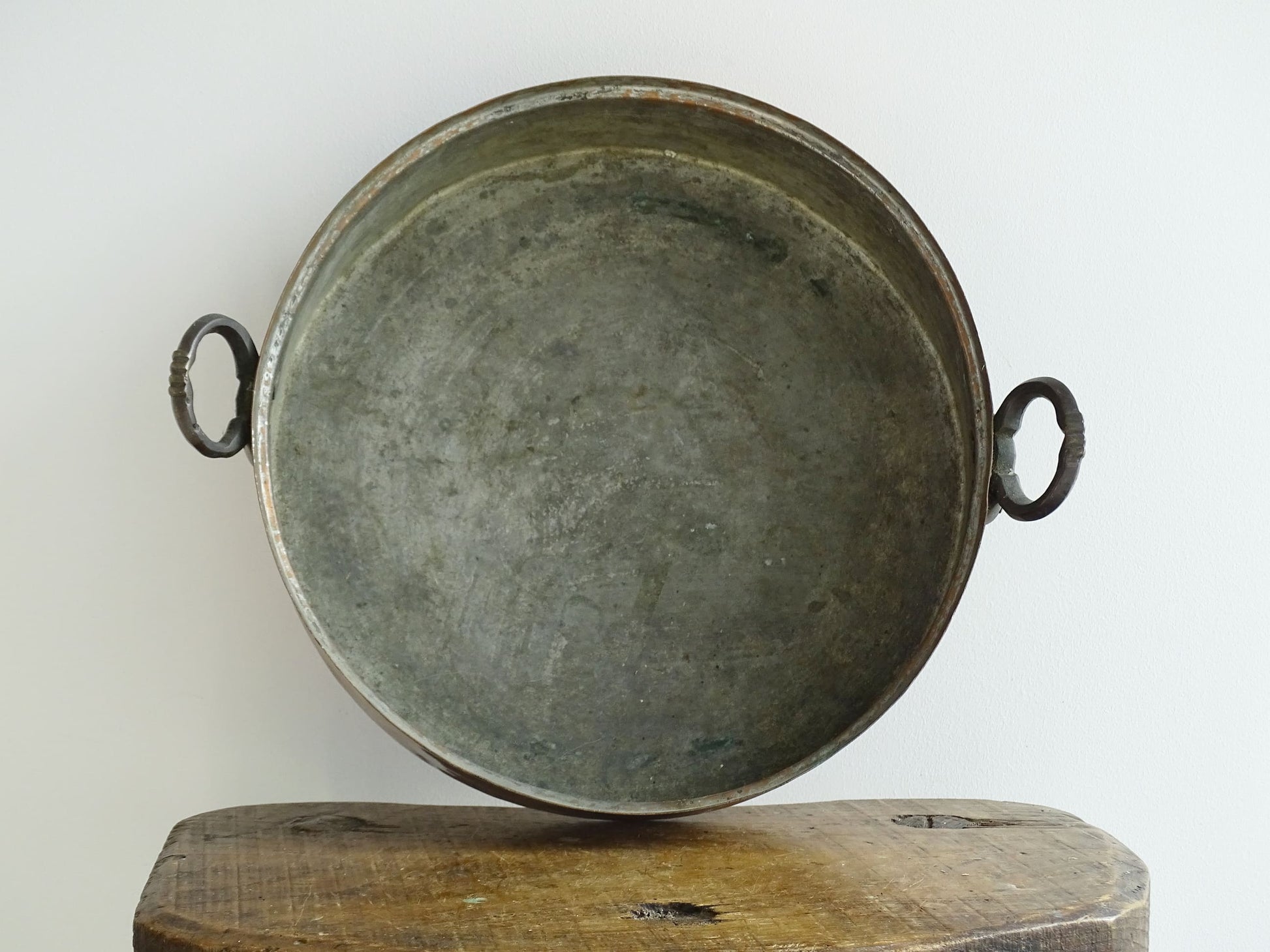 French antique copper pan with two handles and tinned interior. Round copper gratin pan.