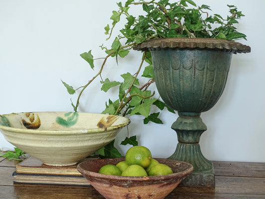 Large French antique cast iron urn planter with green ivy, earthenware bowl with manganese glaze resting on stacked books, and a terracotta bowl filled with green limes on a rustic wooden table against a pale blue wall in a French country house