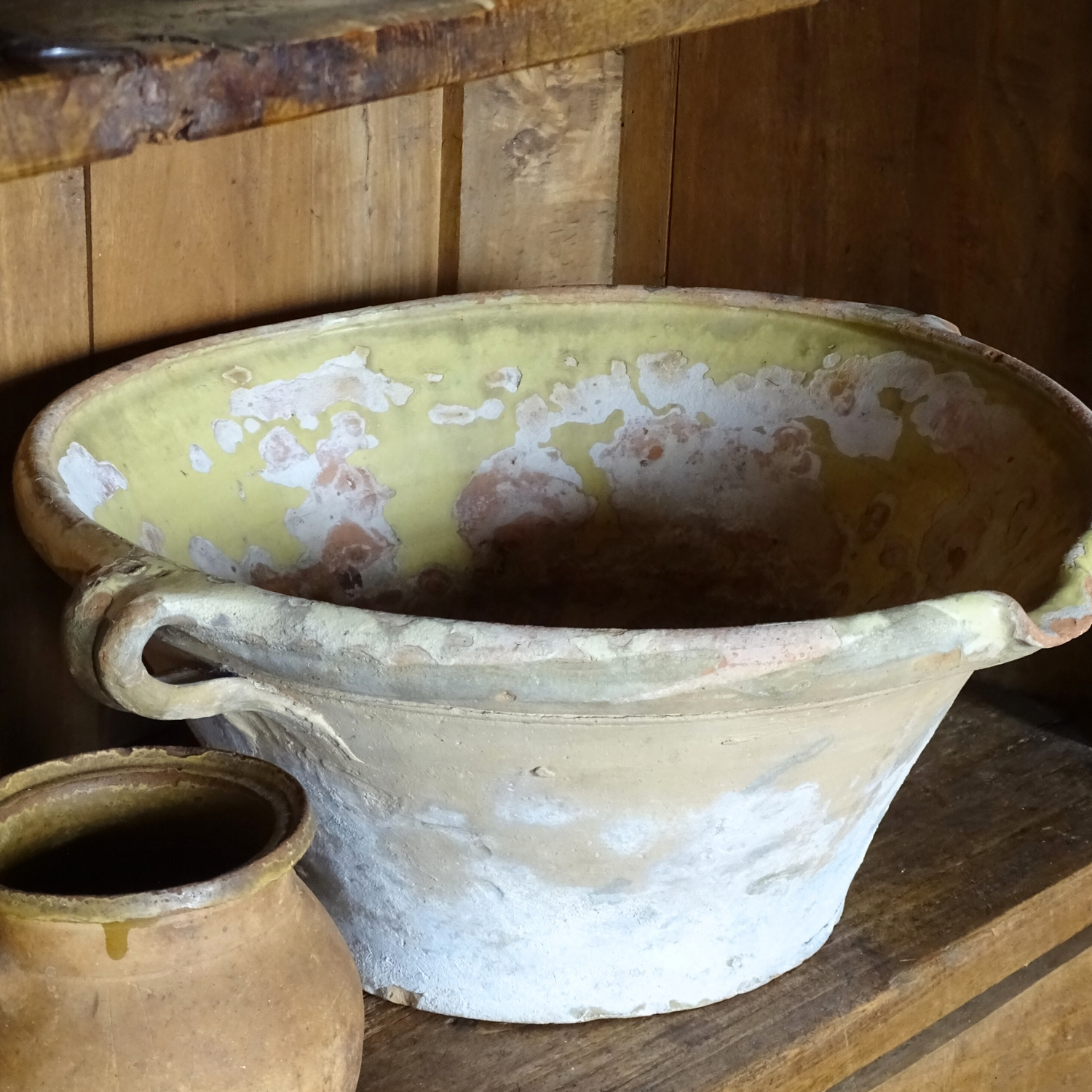 French antique tian bowl with a yellow glaze interior