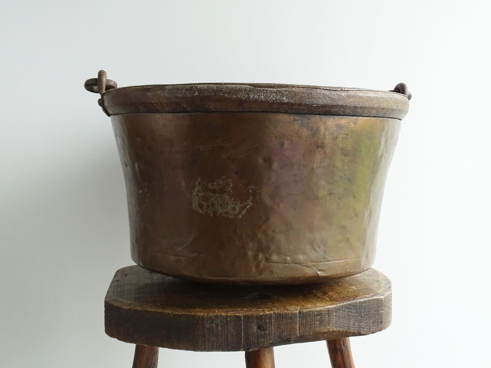 Large Antique French Copper Cauldron or Cooking Pot with Wrought Iron Handle