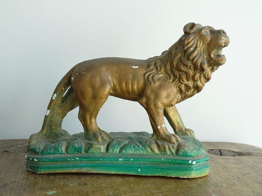 Naïve Painted Plaster Lion Painted Gold with a Green Base