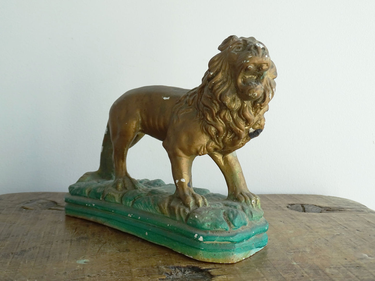 Naïve Painted Plaster Lion Painted Gold with a Green Base