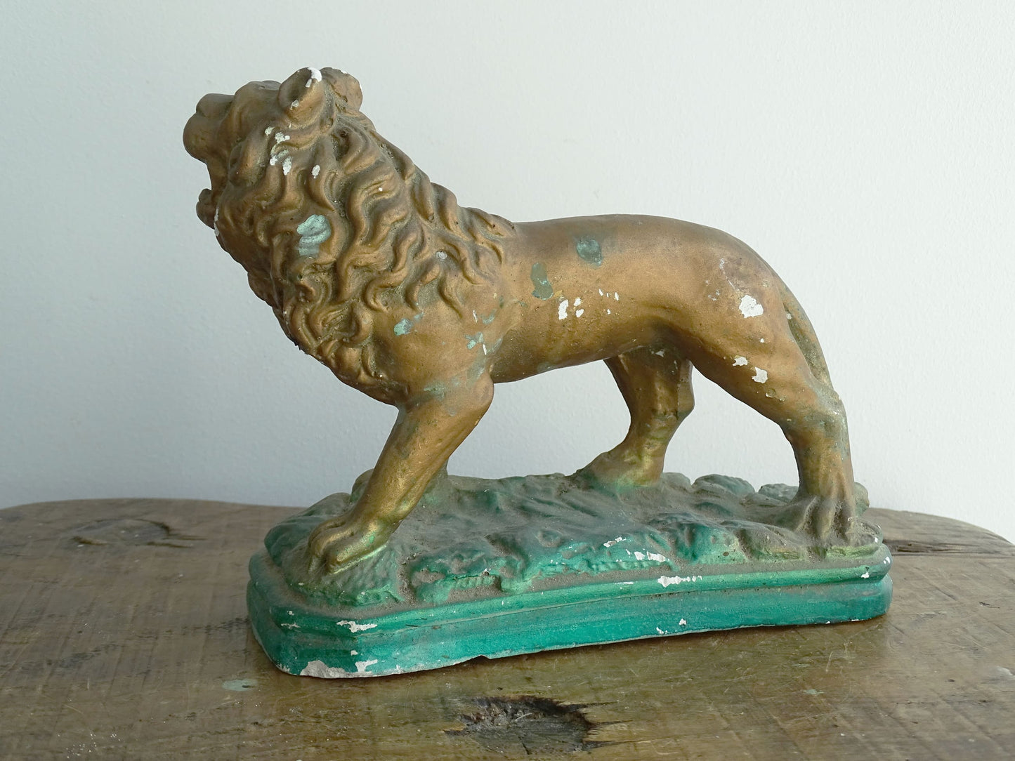 Naïve Painted Plaster Lion Painted Gold with a Green Base