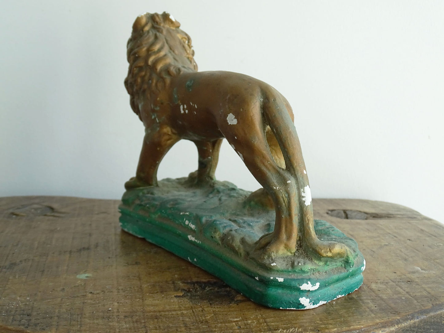 Naïve Painted Plaster Lion Painted Gold with a Green Base