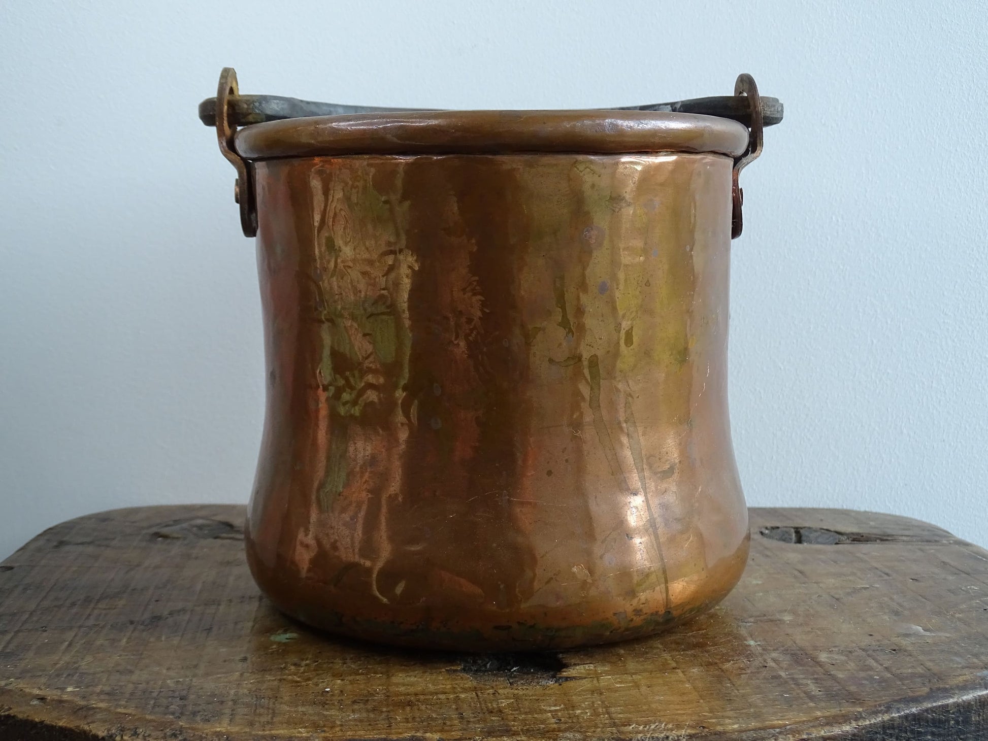 Small Antique Copper Cauldron or Cooking Pot with Wrought Iron Handle