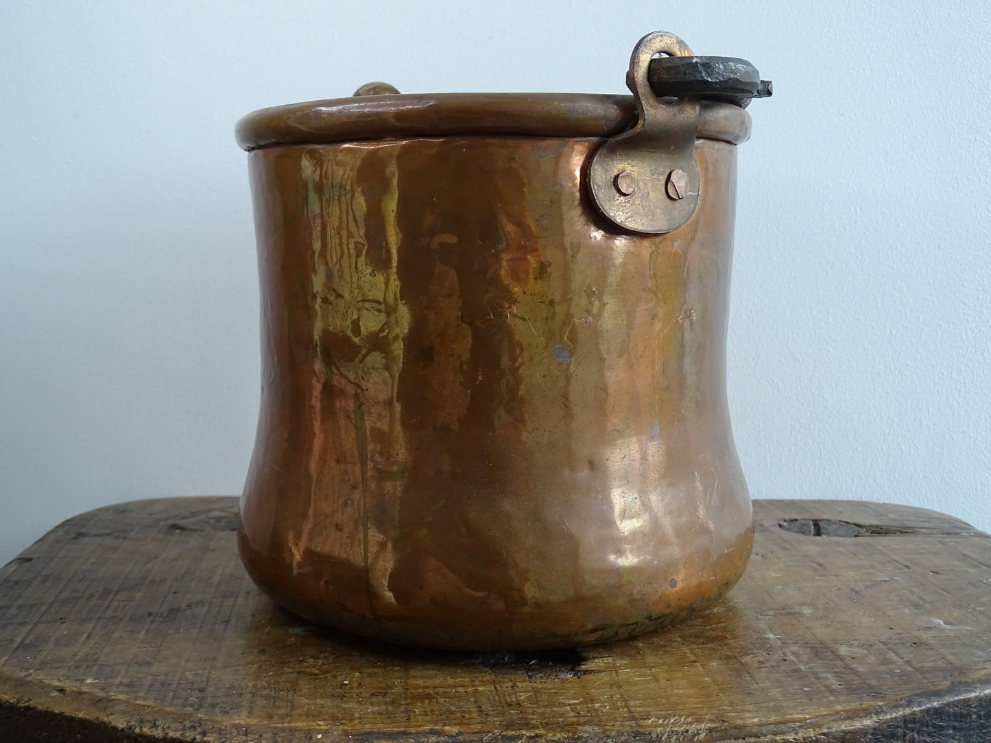 Small Antique Copper Cauldron or Cooking Pot with Wrought Iron Handle