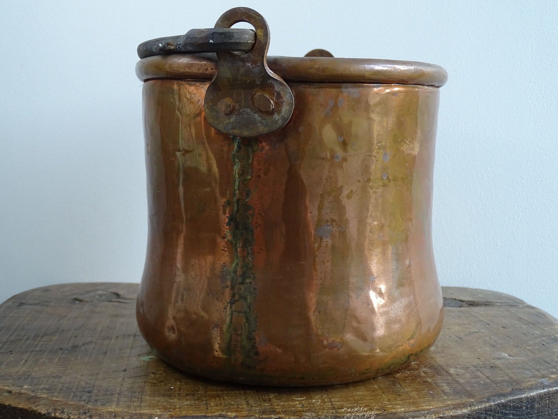 Small Antique Copper Cauldron or Cooking Pot with Wrought Iron Handle