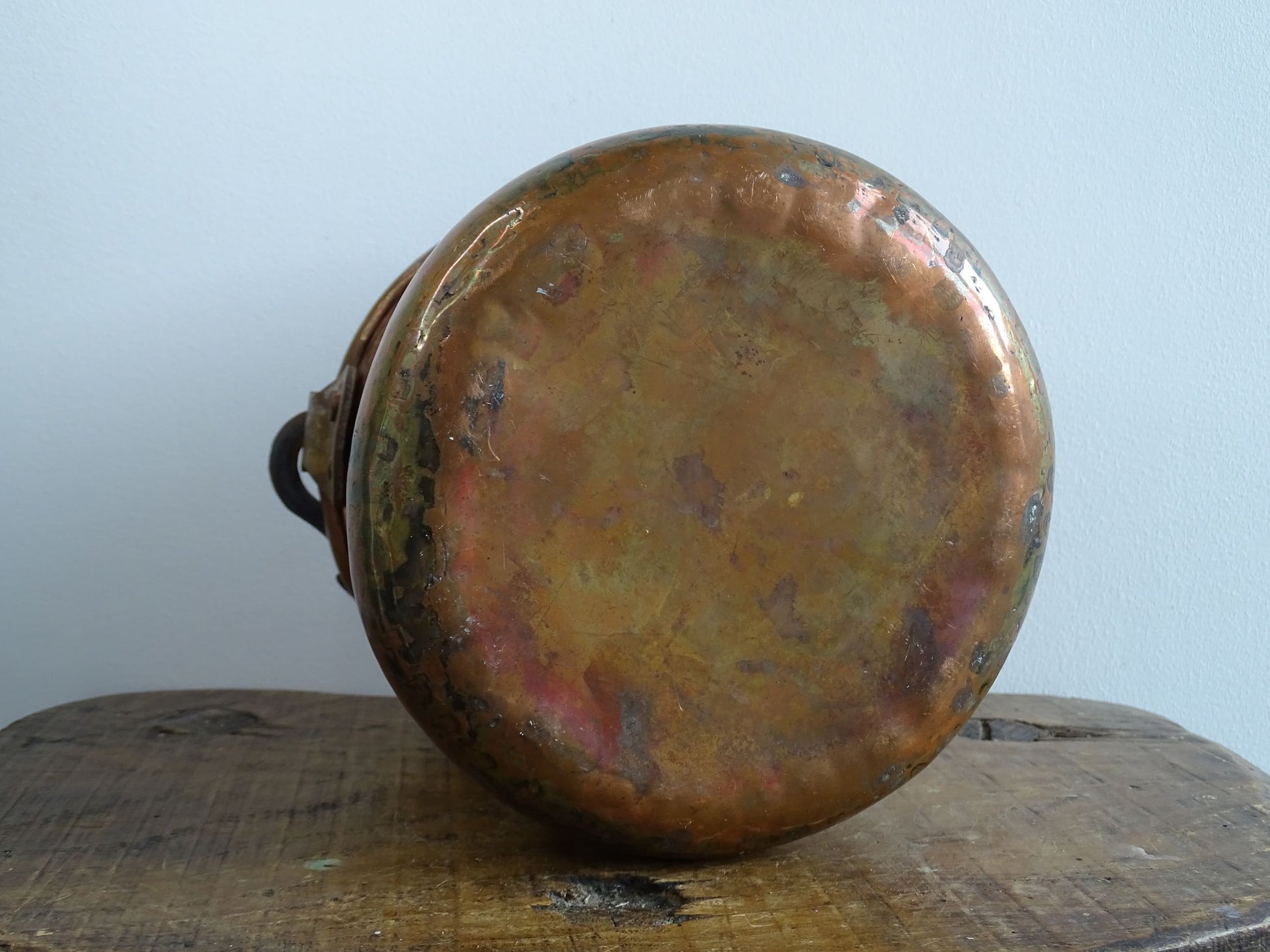 Small Antique Copper Cauldron or Cooking Pot with Wrought Iron Handle