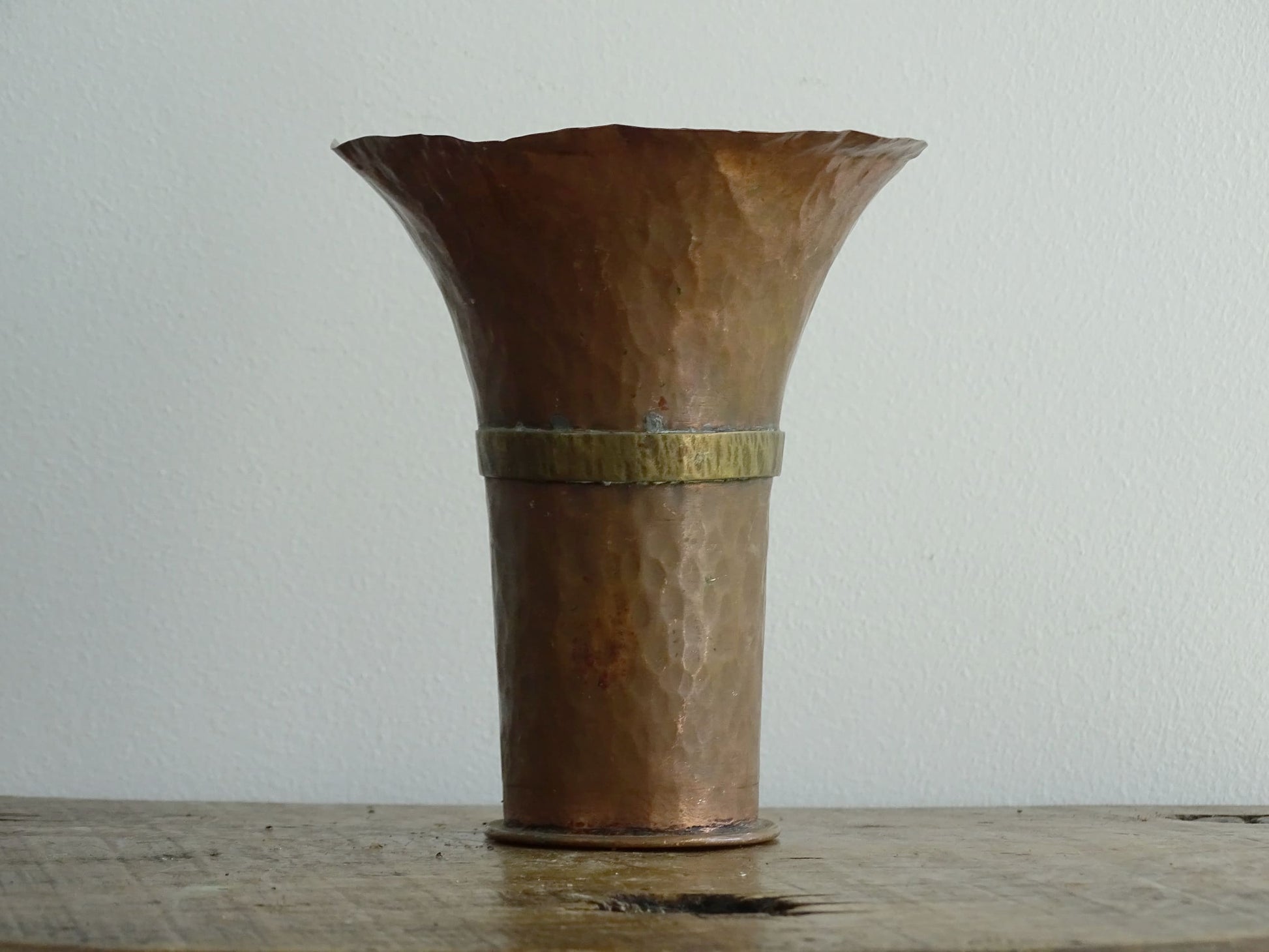 Vintage French Hammered Copper Vase with Brass Band