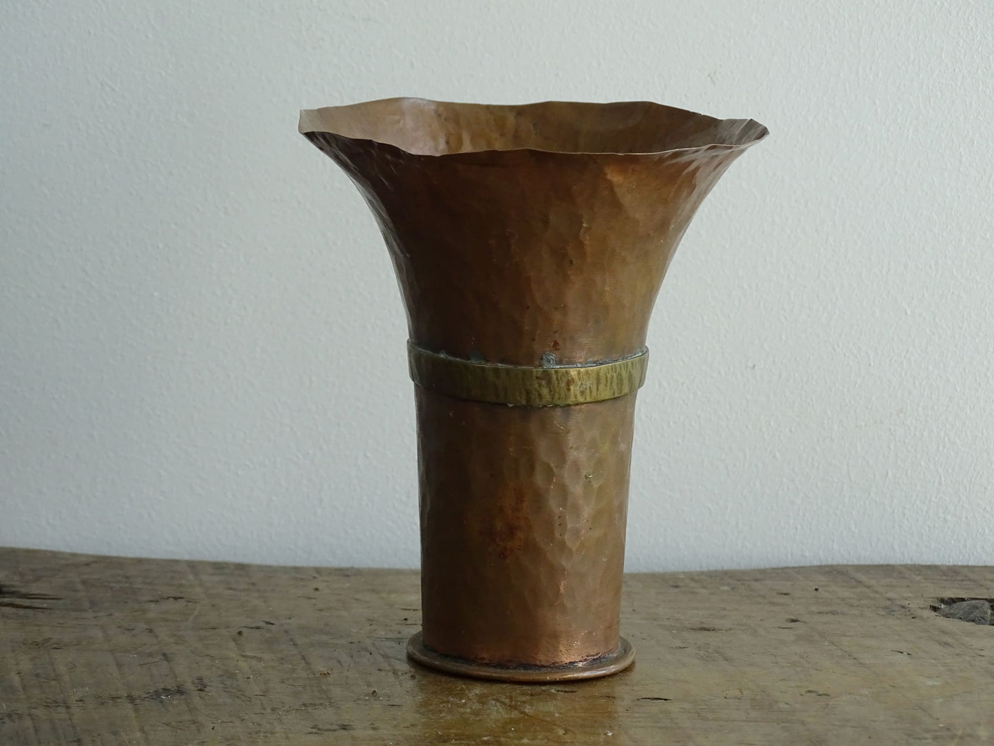 Vintage French Hammered Copper Vase with Brass Band