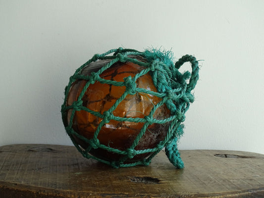 Vintage French Buoy with Amber Glass in Green Rope, Fishing Float