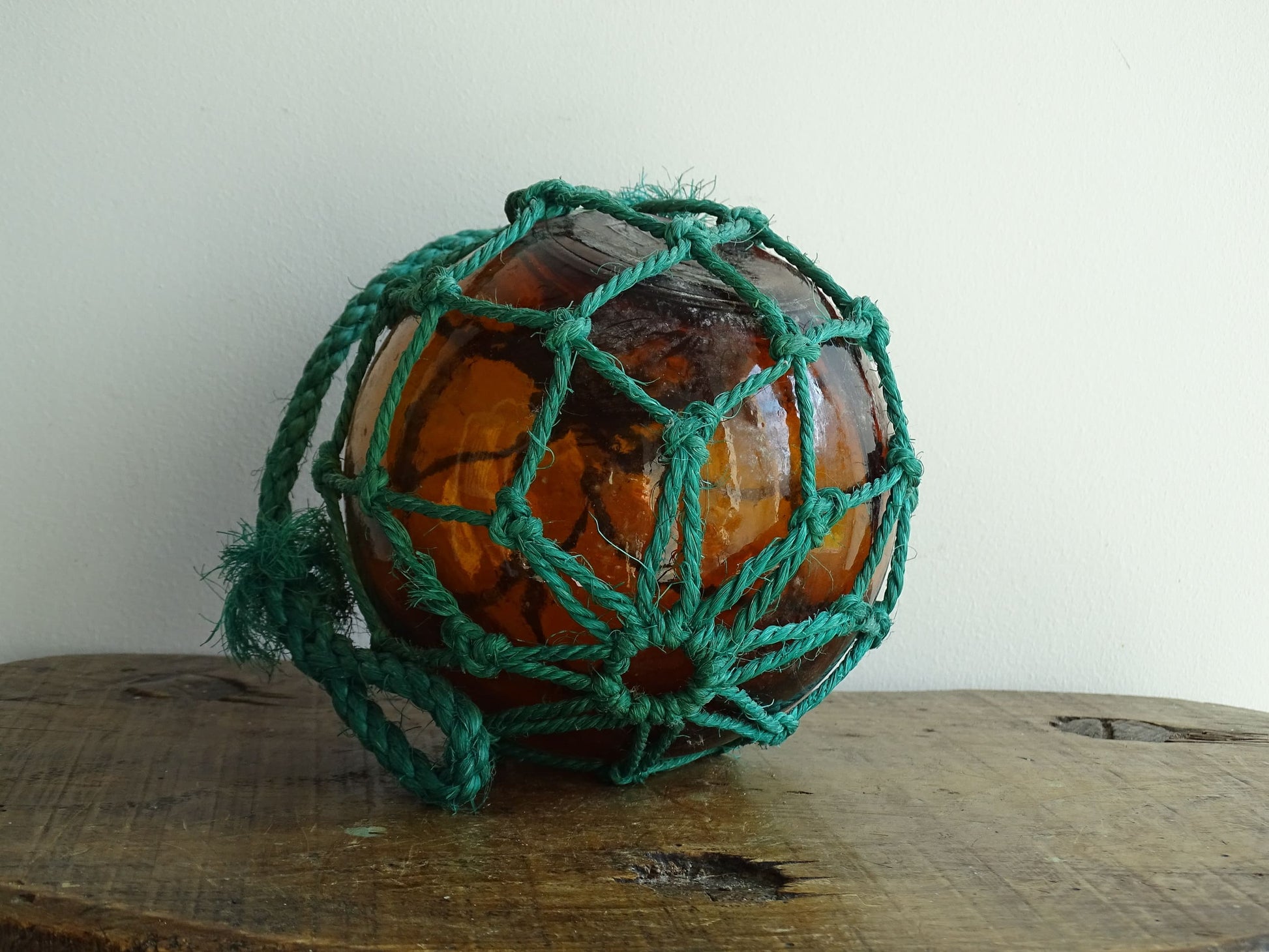 Vintage French Buoy with Amber Glass in Green Rope, Fishing Float