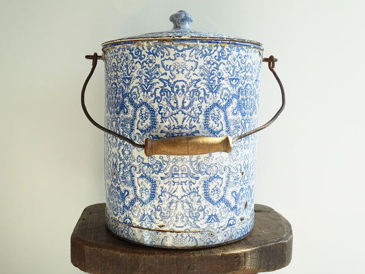 Vintage French Blue and White Enamel Bucket with Lid