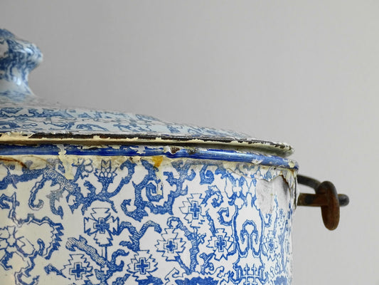 Vintage French Blue and White Enamel Bucket with Lid