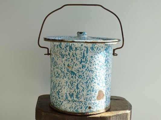 Vintage French Enamel Lidded Bucket with Blue Splash Design