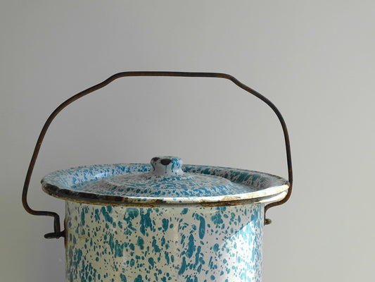 Vintage French Enamel Lidded Bucket with Blue Splash Design