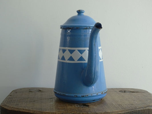 Vintage French Blue and White Enamel Teapot with Diamond Pattern Band