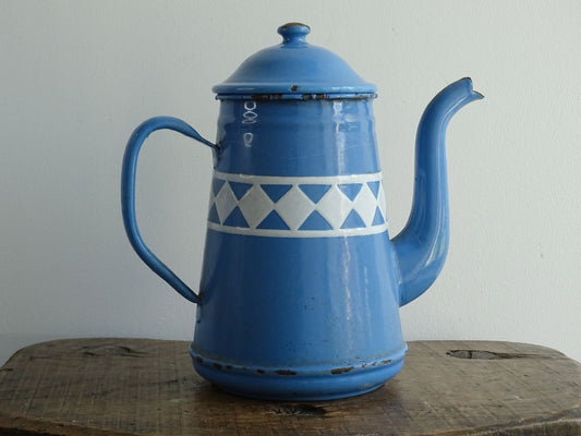 Vintage French Blue and White Enamel Teapot with Diamond Pattern Band